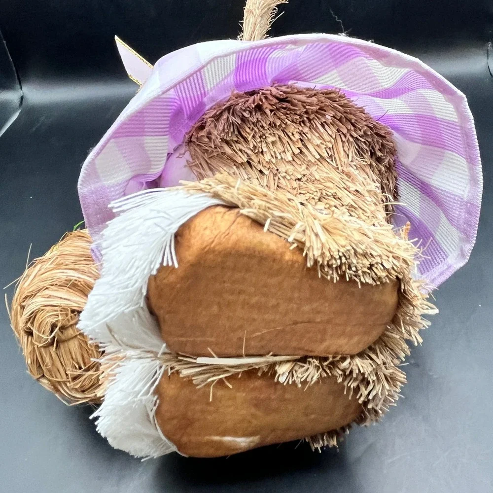 Easter Bunny‎ Figurine Sisal Straw Rabbit Lavender Gingham Dress Basket 12